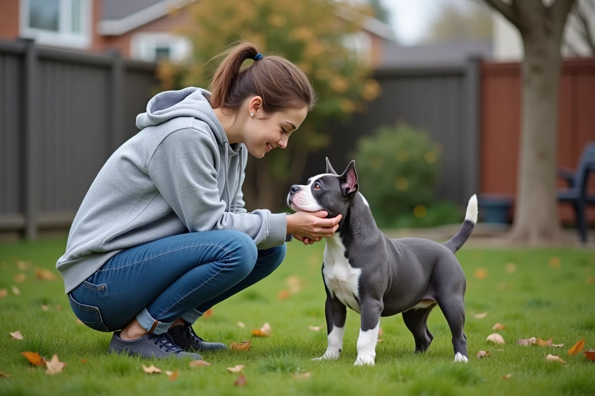 Femme adoptant un Pocket American Bully bleu dans un jardin de banlieue, moment de complicité naturel