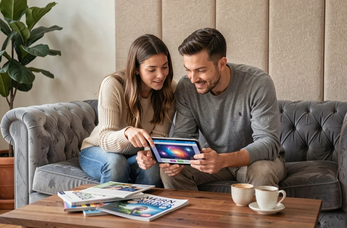Deux amis découvrant ensemble des pages sur la symbolique des rêves sur une tablette