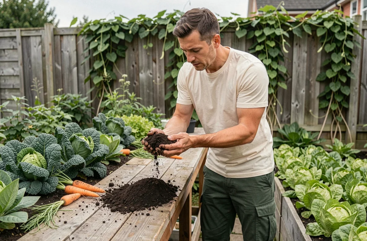 Homme analysant la qualité de la terre dans un jardin potager bio bien organisé avec rangées de légumes