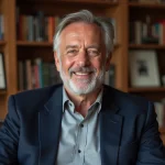 Portrait d'un animateur radio français distingué dans une bibliothèque personnelle chaleureuse, illustrant la vie privée et l'intimité familiale