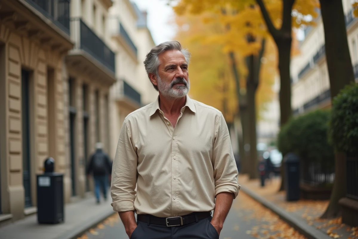 Animateur radio se promenant dans une rue résidentielle parisienne en automne, évoquant la vie quotidienne et la discrétion de sa vie privée