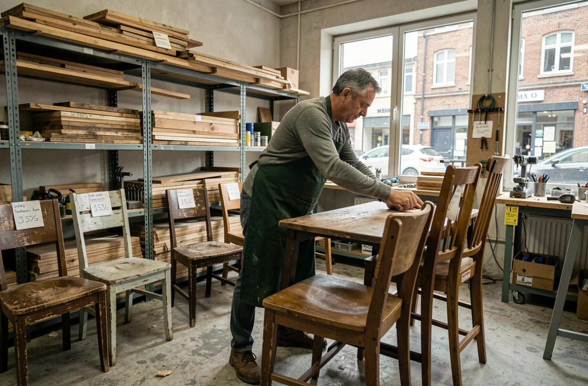Travailleur arrangeant des meubles reconditionnés dans un atelier de réemploi solidaire à Liège
