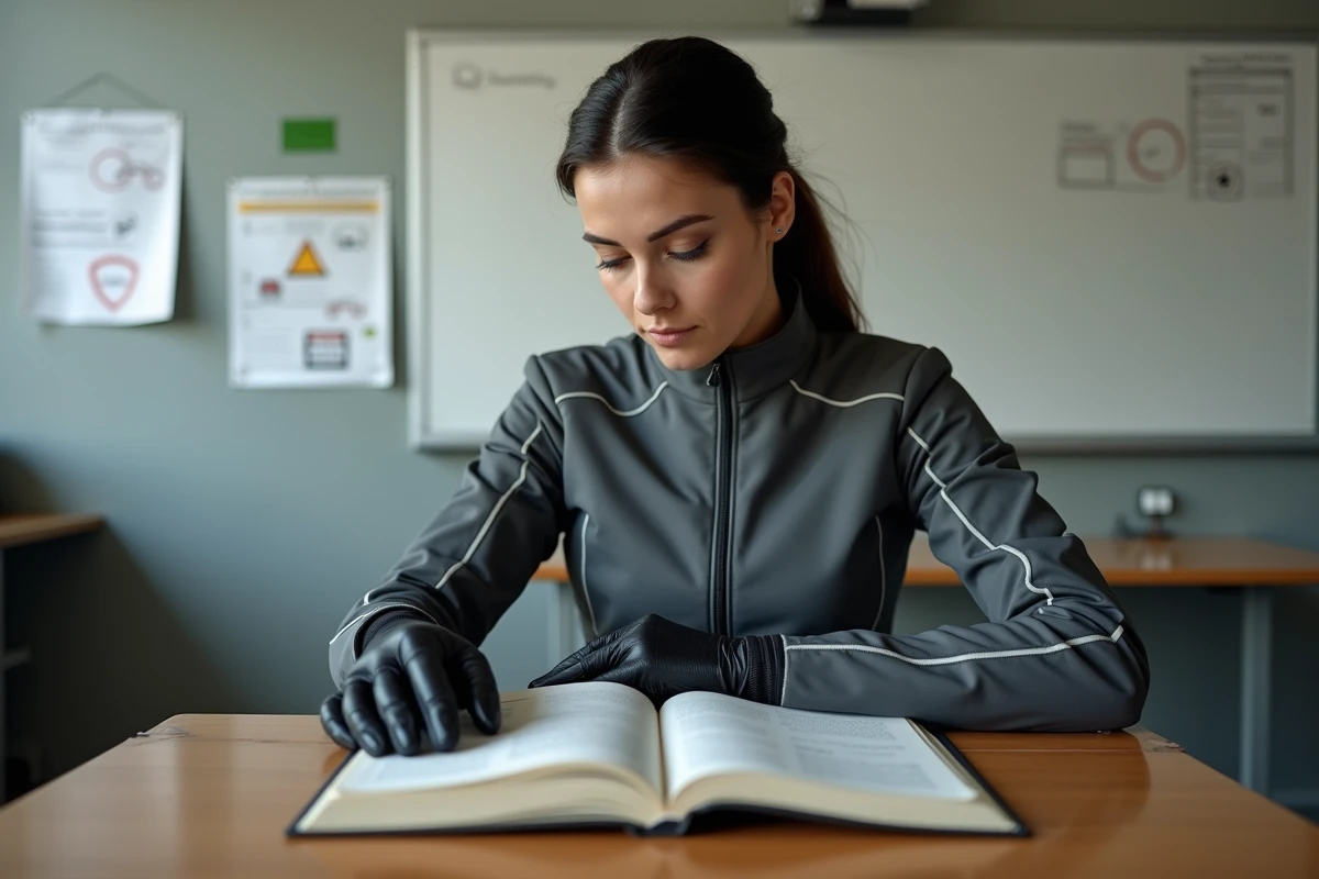 Femme en veste moto étudiant le code de la route dans une auto-école italienne pour obtenir le permis 125cc