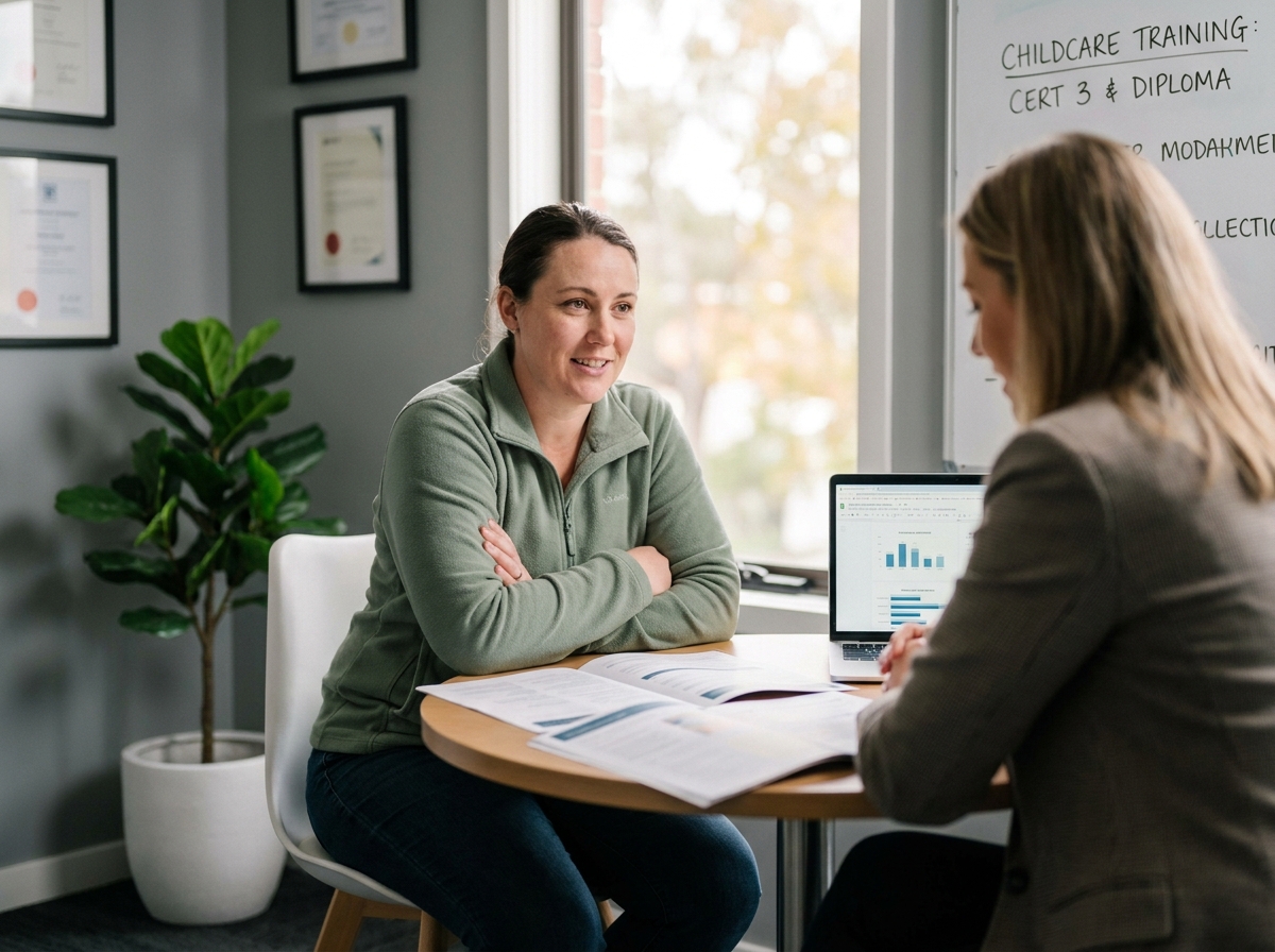 Femme en entretien de reconversion professionnelle avec un conseiller, discutant d'une formation dans le secteur de la petite enfance
