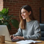 Femme blogueuse travaillant sur son ordinateur portable dans un bureau à domicile moderne et organisé