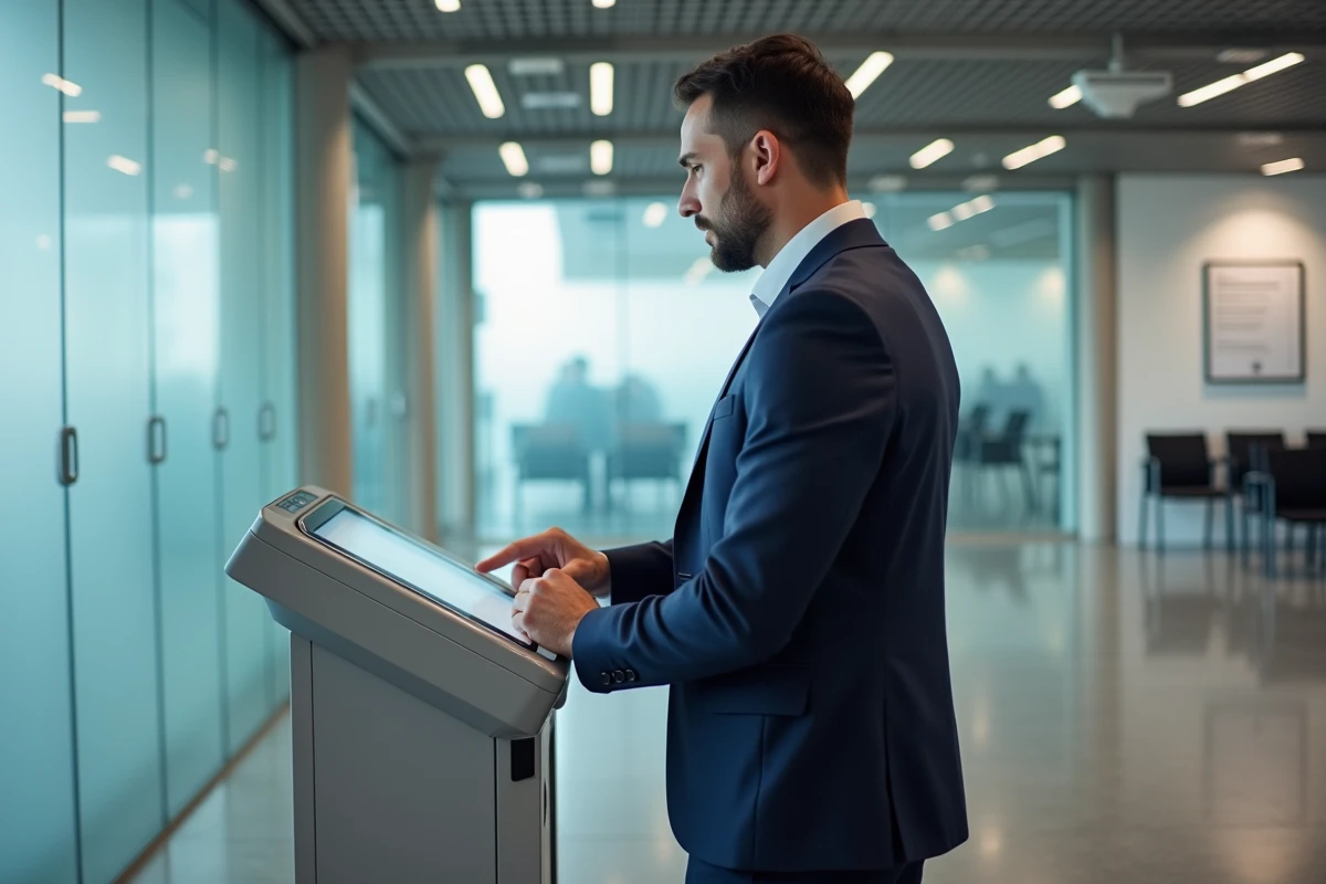 Homme en costume utilisant une borne numérique libre-service dans une administration immobilière moderne pour éviter les files d'attente