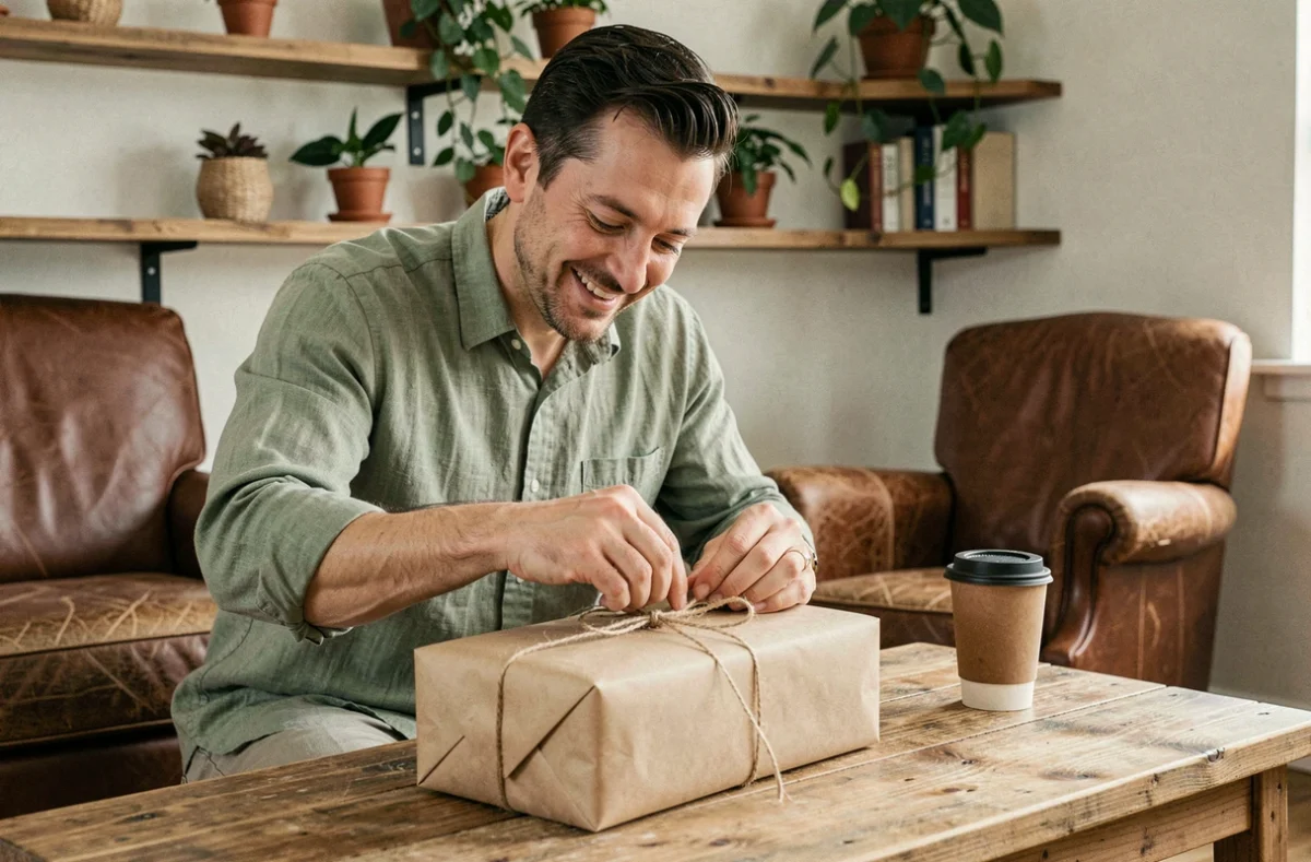 Homme trentenaire souriant en train de déballer un cadeau éco-responsable emballé dans du papier kraft et de la ficelle en jute, dans un salon chaleureux aux étagères en bois garnies de plantes.