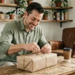Homme trentenaire souriant en train de déballer un cadeau éco-responsable emballé dans du papier kraft et de la ficelle en jute, dans un salon chaleureux aux étagères en bois garnies de plantes.