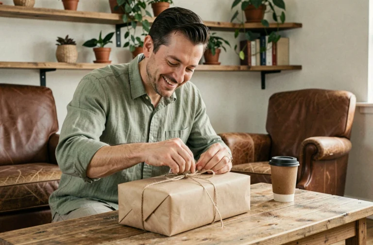 Homme trentenaire souriant en train de déballer un cadeau éco-responsable emballé dans du papier kraft et de la ficelle en jute, dans un salon chaleureux aux étagères en bois garnies de plantes.