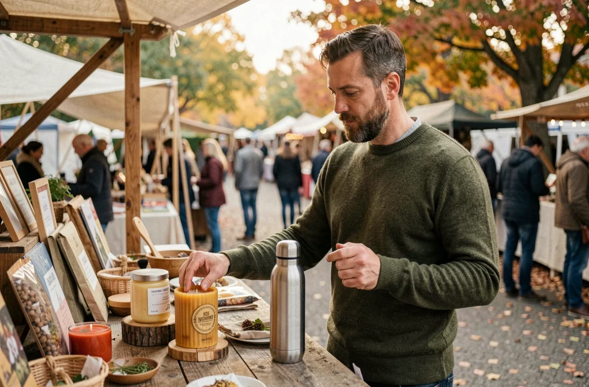 Homme barbu en pull en laine mérinos inspectant des cadeaux durables sur un stand de marché artisanal en plein air, incluant une bougie en cire d'abeille, un kit de soin en bambou et une gourde en inox.