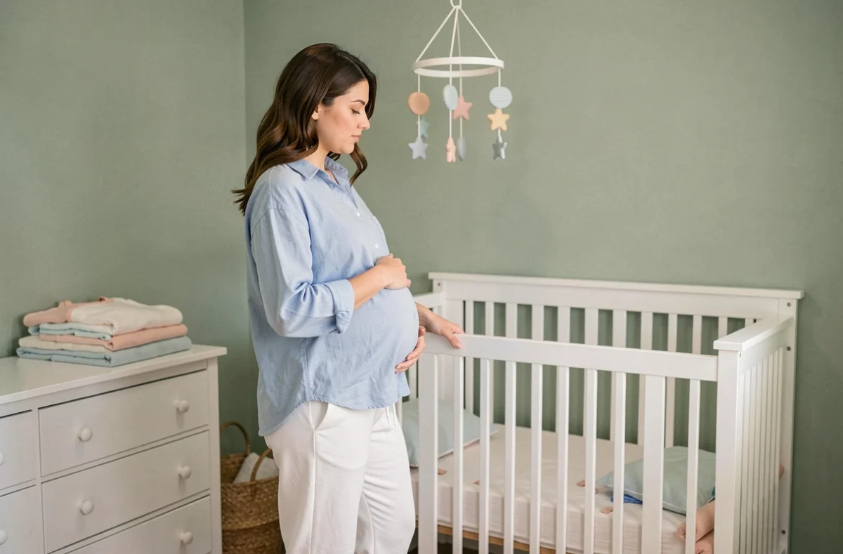 Femme enceinte dans une chambre de bébé aménagée avec soin, touchant un berceau en bois blanc dans une ambiance douce et apaisante