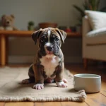 Chiot Pocket American Bully bringé assis sur un plancher en bois dans un intérieur modeste et chaleureux