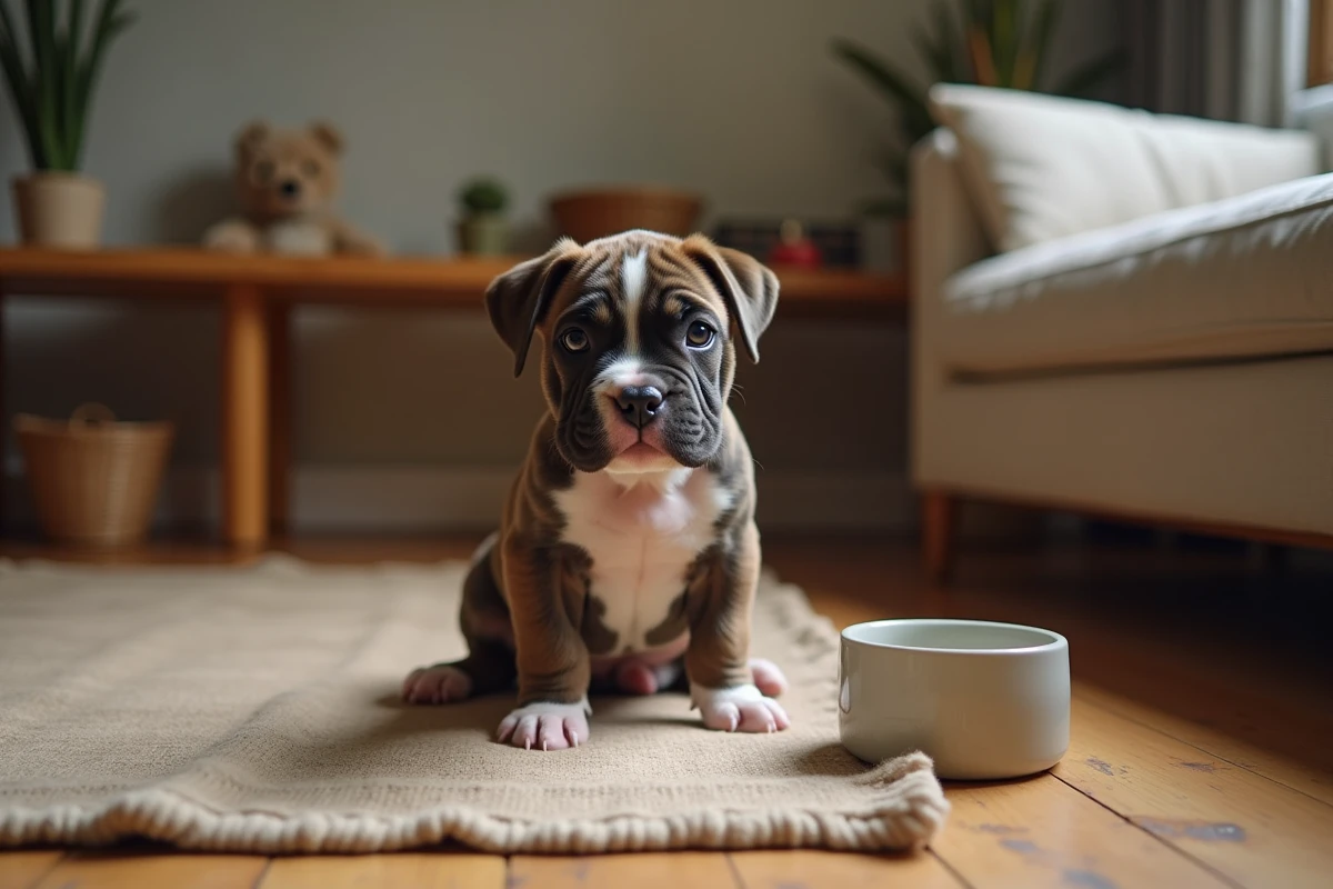 Chiot Pocket American Bully bringé assis sur un plancher en bois dans un intérieur modeste et chaleureux
