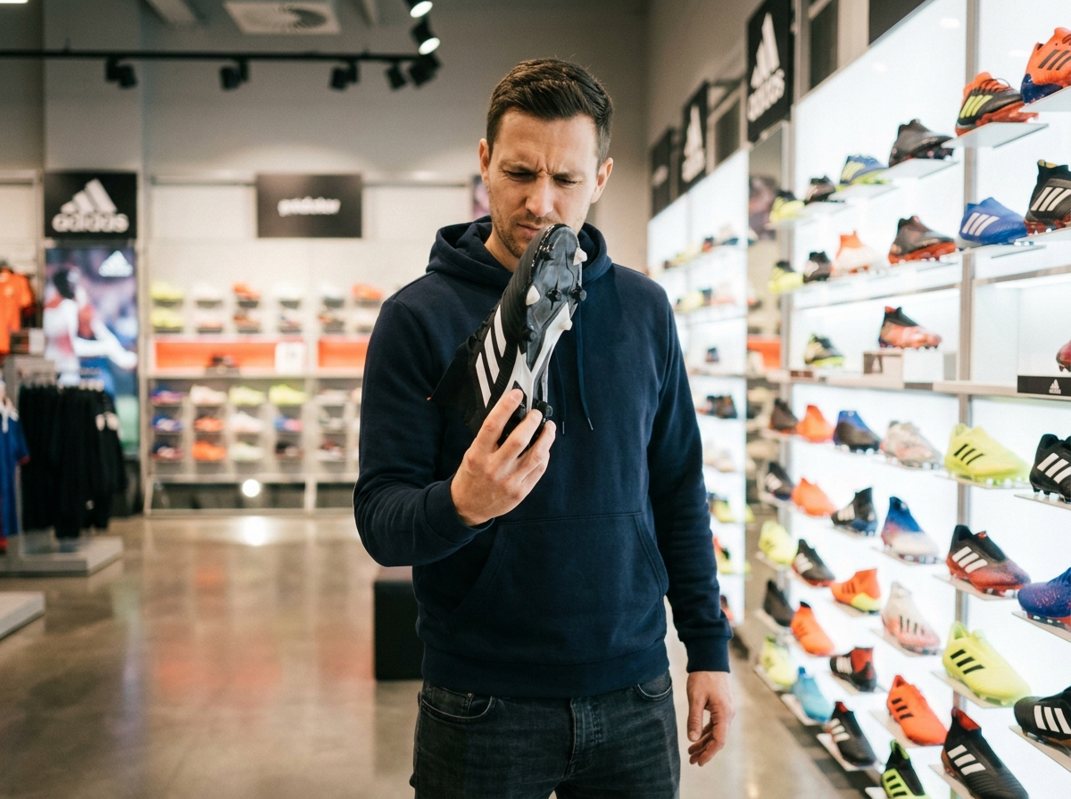 Homme en magasin de sport inspectant un crampon adidas avant achat dans un rayon dédié au football