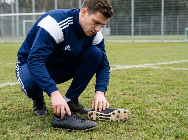 Joueur de football accroupi sur un terrain en herbe naturelle comparant deux paires de crampons adidas