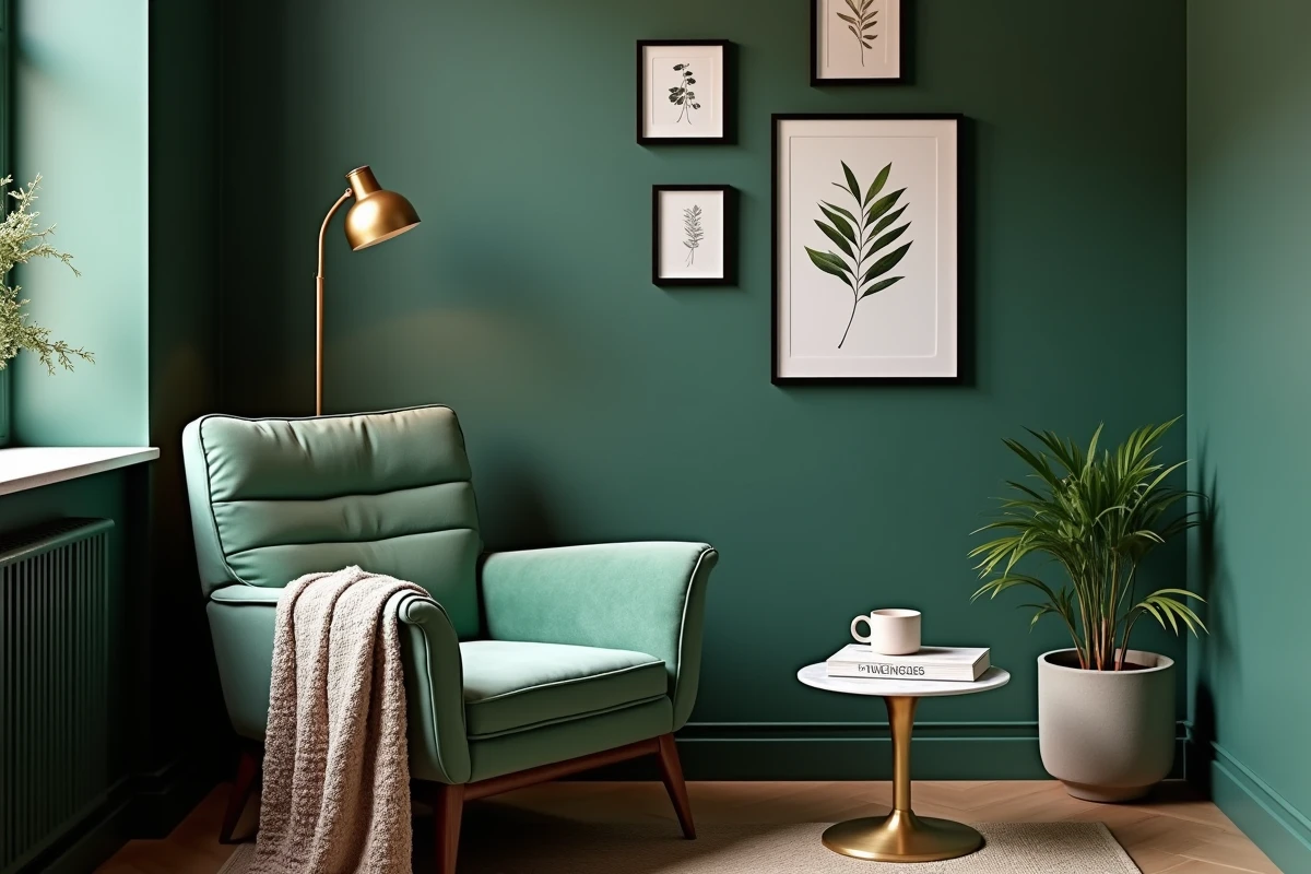 Coin lecture cosy avec fauteuil en velours vert sauge, mur d'accent vert foncé et galerie de cadres botaniques dans un appartement moderne