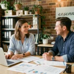 Deux collègues collaborant dans un bureau d'économie sociale à Bruxelles, ambiance coopérative chaleureuse