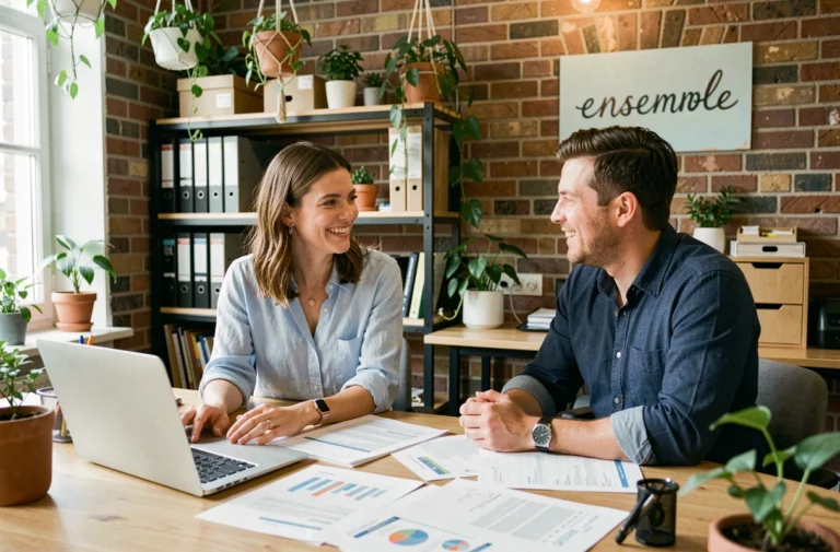 Deux collègues collaborant dans un bureau d'économie sociale à Bruxelles, ambiance coopérative chaleureuse