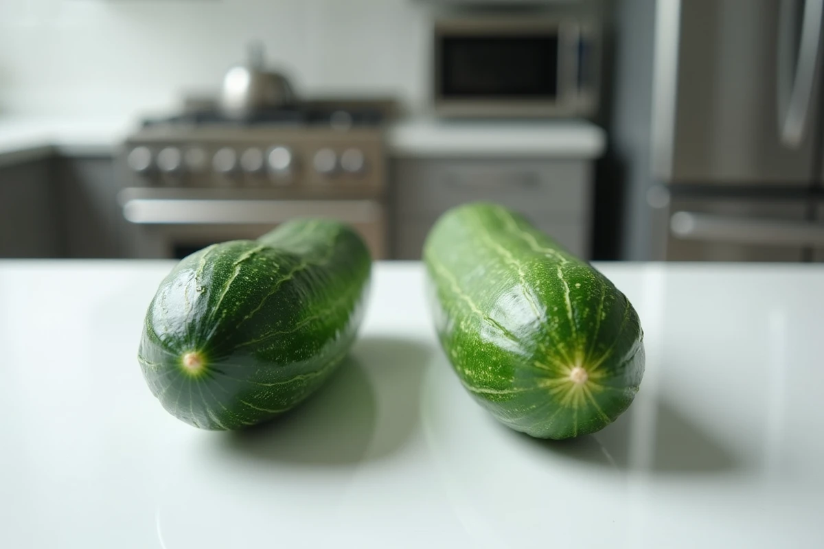 Comparaison côte à côte d'un concombre frais et d'un concombre avarié sur un comptoir blanc, montrant les différences de texture et de couleur