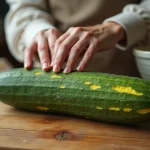 Gros plan sur un concombre jauni et ridé posé sur une planche en bois, une main féminine testant sa fermeté pour vérifier sa fraîcheur