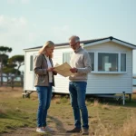 Couple regardant une carte près d'une maison mobile en Bretagne