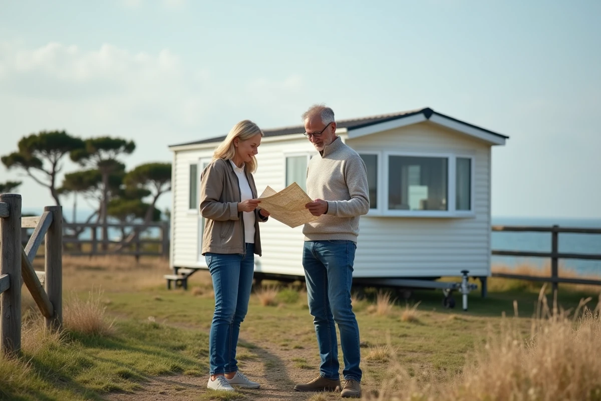 Couple regardant une carte près d'une maison mobile en Bretagne