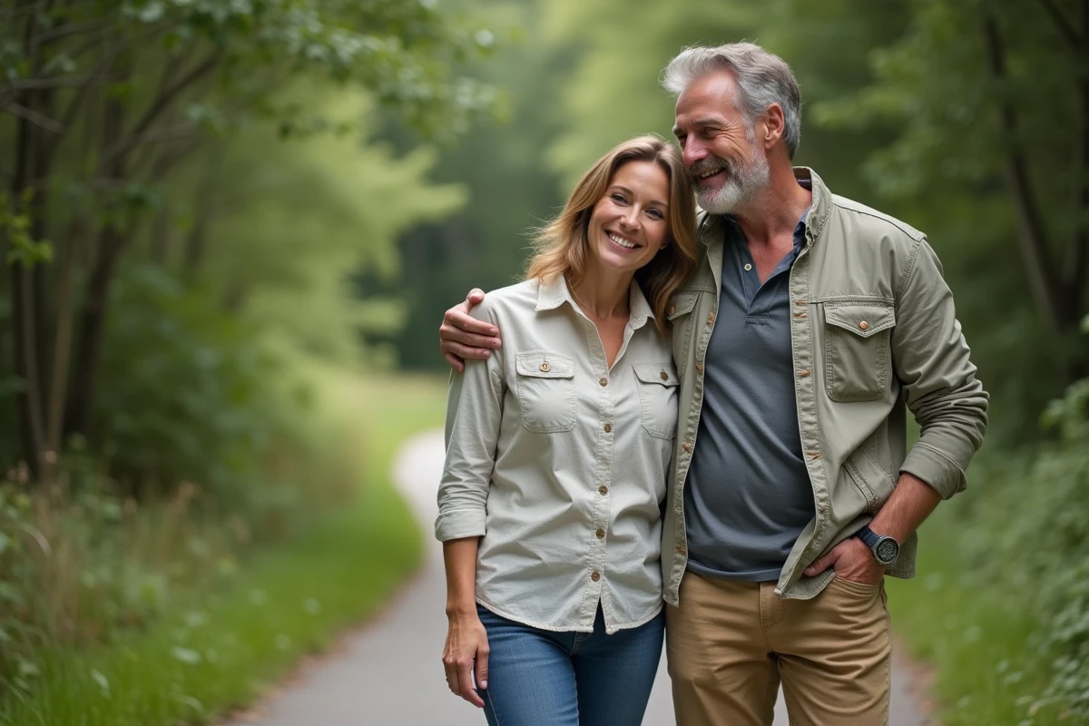 Couple marchant dans la nature avec sourire authentique