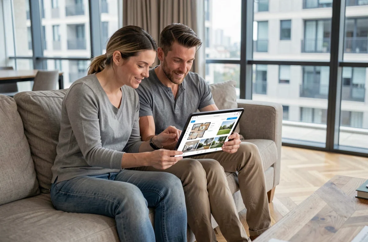Couple recherchant un bien immobilier ensemble sur une tablette dans leur salon contemporain