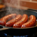 Merguez dorées en train de cuire dans une poêle en fonte sur une gazinière, vapeur et jus naturels visibles