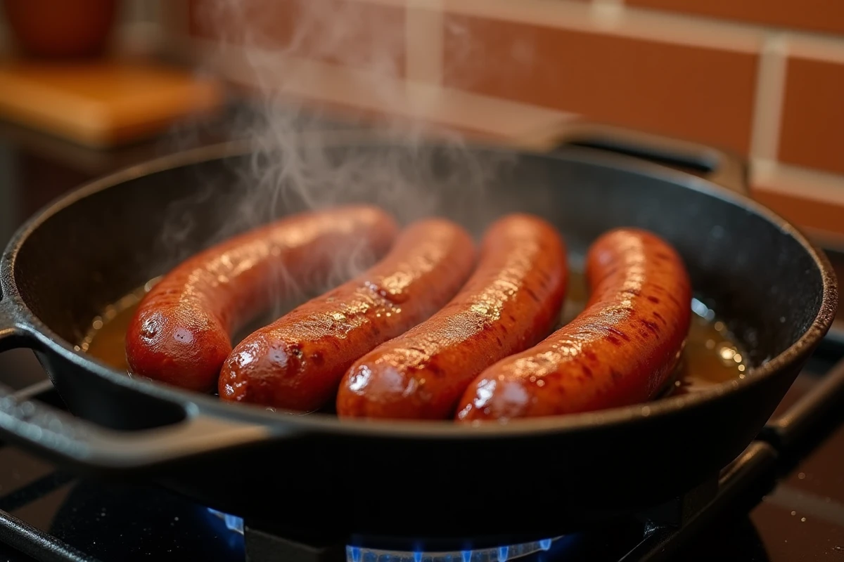 Merguez dorées en train de cuire dans une poêle en fonte sur une gazinière, vapeur et jus naturels visibles