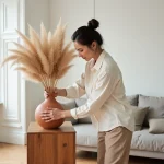 Femme arrangeant des herbes de la pampa dans un vase en terre cuite sur un meuble en bois dans un salon style scandinave