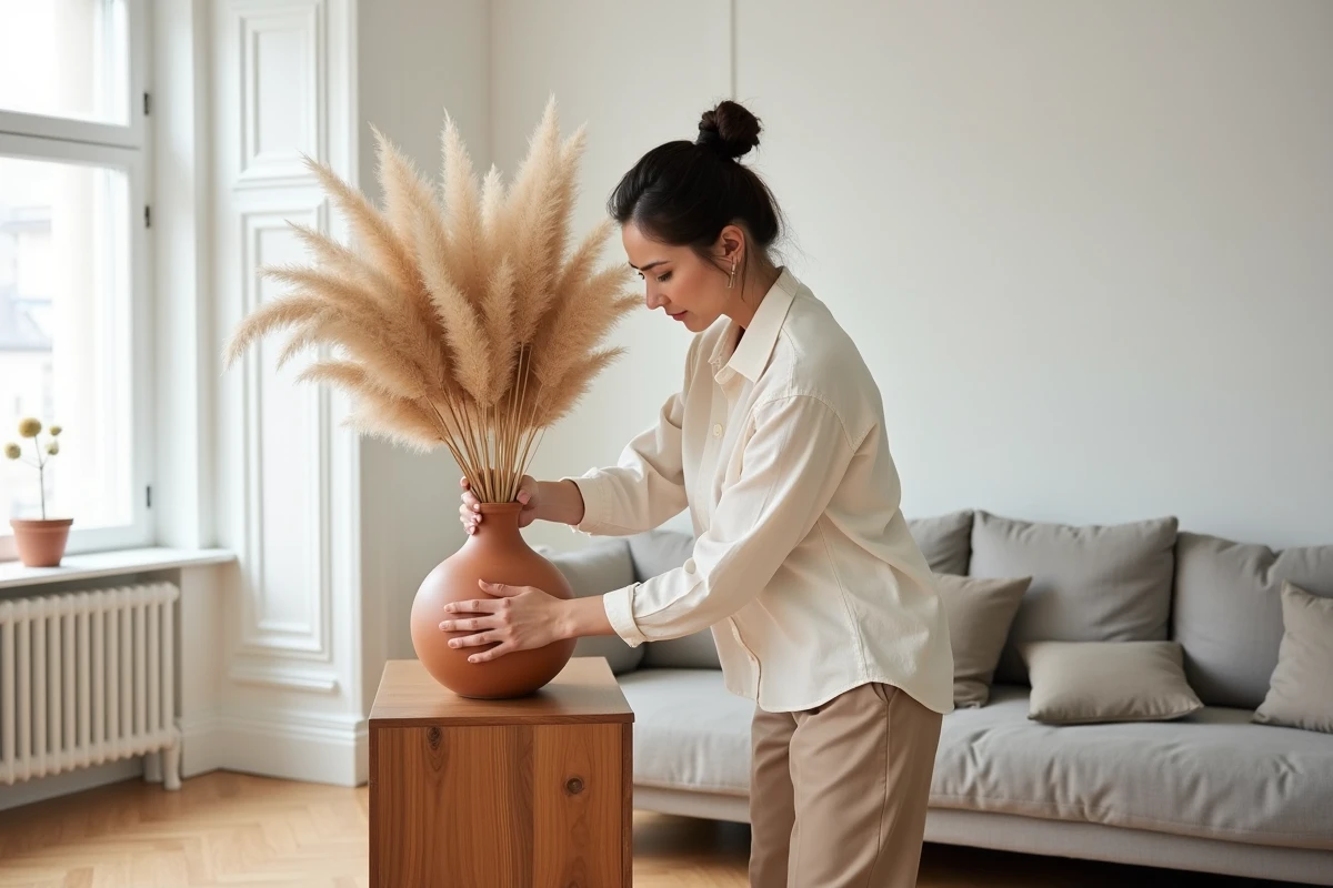 Femme arrangeant des herbes de la pampa dans un vase en terre cuite sur un meuble en bois dans un salon style scandinave