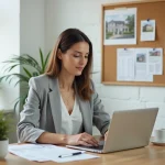 Femme consultant des documents immobiliers sur ordinateur portable dans un bureau à domicile organisé, illustrant l'efficacité des démarches immobilières en ligne