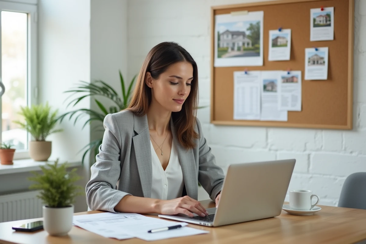 Femme consultant des documents immobiliers sur ordinateur portable dans un bureau à domicile organisé, illustrant l'efficacité des démarches immobilières en ligne