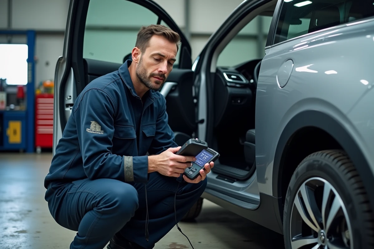 Mécanicien utilisant un scanner OBD pour diagnostiquer les voyants orange d'un Peugeot 5008 dans un atelier automobile