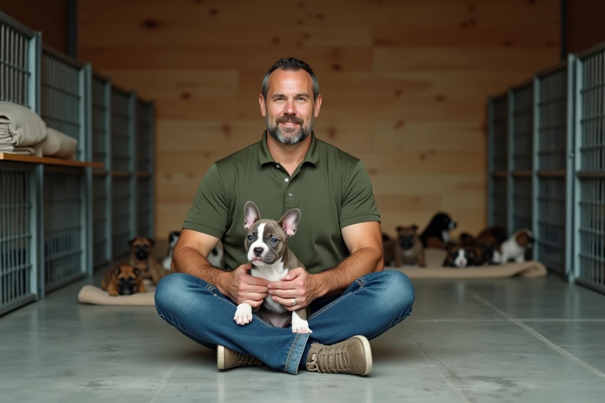 Éleveur responsable présentant un chiot Pocket American Bully merle dans un chenil propre et économique