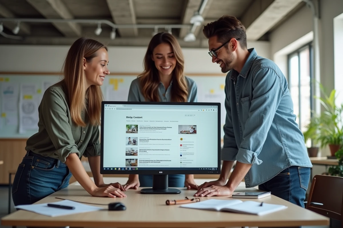 Équipe créative collaborant sur une stratégie de contenu de blog dans un studio de travail moderne
