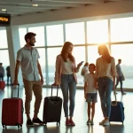 Famille française souriante dans un aéroport français avec bagages avant un vol pour la Corse en 2026