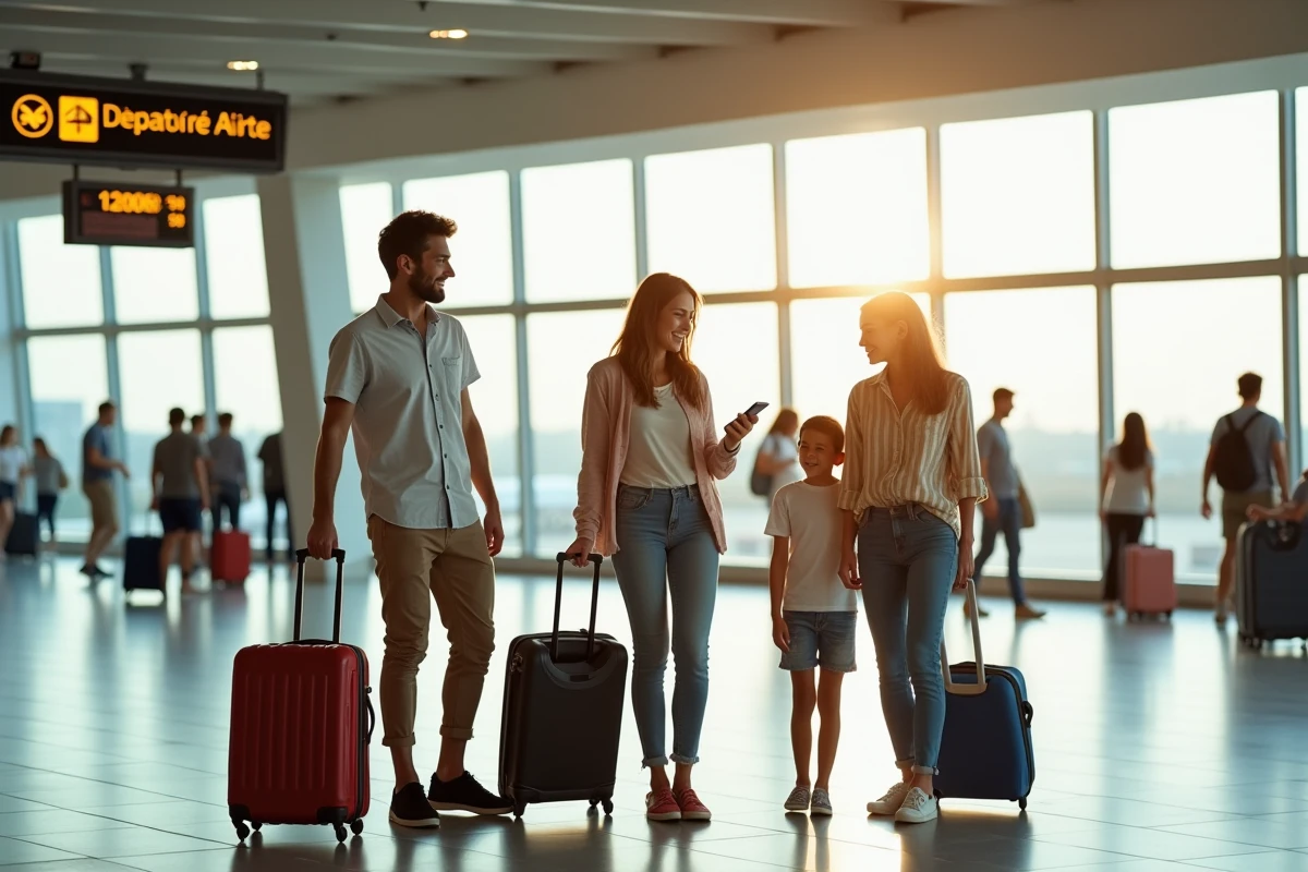 Famille française souriante dans un aéroport français avec bagages avant un vol pour la Corse en 2026