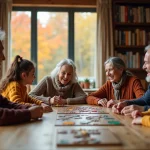 Famille multigénérationnelle réunie autour d'un jeu de société en bois dans un salon chaleureux en automne