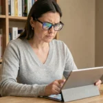 Femme consultant une application de santé numérique sur tablette dans un bureau à domicile, illustrant les ressources e-santé accessibles au quotidien