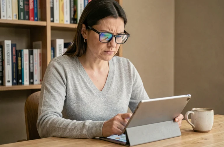 Femme consultant une application de santé numérique sur tablette dans un bureau à domicile, illustrant les ressources e-santé accessibles au quotidien