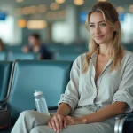 Jeune femme assise dans un aeroport avec bouteille d'eau