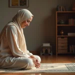 Femme musulmane bâillant pendant la prière sur un tapis de prière traditionnel à la maison