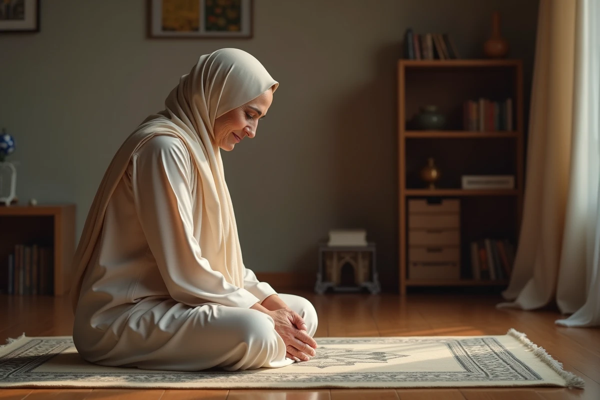 Femme musulmane bâillant pendant la prière sur un tapis de prière traditionnel à la maison