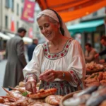 Femme bretonne en costume traditionnel souriante au marché