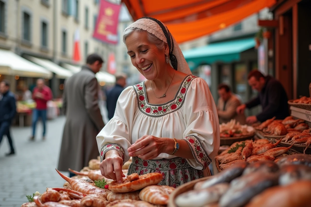 Femme bretonne en costume traditionnel souriante au marché