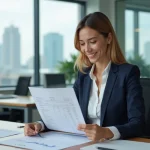 Femme cadre professionnelle analysant des documents financiers dans un bureau moderne avec vue sur la ville, illustrant l'atteinte d'un salaire de 5000 euros par mois
