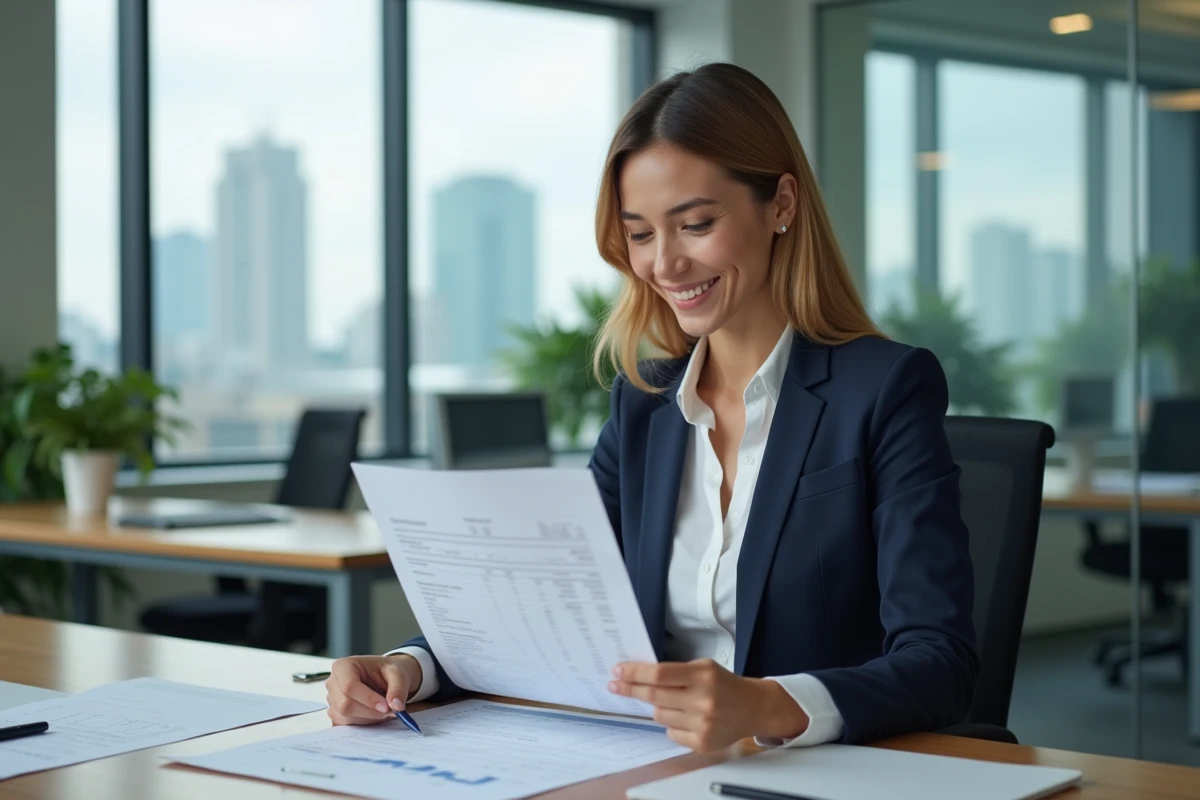 Femme cadre professionnelle analysant des documents financiers dans un bureau moderne avec vue sur la ville, illustrant l'atteinte d'un salaire de 5000 euros par mois