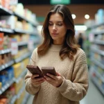 Femme compare deux chocolats en supermarche